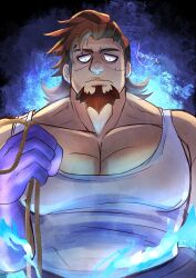 Rule 34 | 1boy, absurdres, bags under eyes, bara, blue fire, boogeyman (housamo), brown hair, closed mouth, colored skin, commentary request, facial hair, fire, goatee, hand up, high ponytail, highres, holding, holding rope, kageru (mofnyan), large hands, large pectorals, long hair, long sideburns, looking down, male focus, mature male, multicolored hair, muscular, muscular male, pectorals, purple skin, red eyes, rope, scar, scar on face, sideburns, sideburns stubble, signature, solo, stubble, tank top, tokyo houkago summoners, two-tone hair, upper body, white tank top