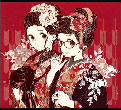 Rule 34 | 2girls, :o, bag, beads, black gloves, brooch, brown eyes, brown hair, camellia, comb, finger to cheek, fingernails, flower, glasses, gloves, green eyes, hair beads, hair bun, hair flower, hair ornament, hair ribbon, hanaze, handbag, japanese clothes, jewelry, kimono, lace, lace-trimmed gloves, lace trim, letterboxed, limited palette, looking at viewer, multicolored nails, multiple girls, nail polish, necklace, obi, open mouth, original, red-framed eyewear, red background, red theme, ribbon, ring, sash, single hair bun, smile, tassel, upper body, yagasuri