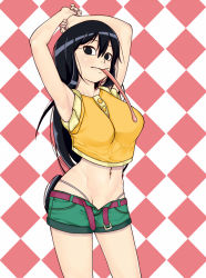 Rule 34 | 10s, 1girl, armpits, arms up, asui tsuyu, belt, black eyes, black hair, blush, boku no hero academia, breasts, checkered background, collarbone, cowboy shot, crop top, eyelashes, female focus, frog girl, hair between eyes, highleg, highleg panties, impossible clothes, impossible shirt, large breasts, long hair, long tongue, looking at viewer, monster girl, navel, no pupils, open belt, open fly, panties, shirt, short shorts, shorts, sleeves pushed up, solo, standing, thong, tongue, tongue out, ttrop, unbuckled, unbuttoned, underwear, unzipped
