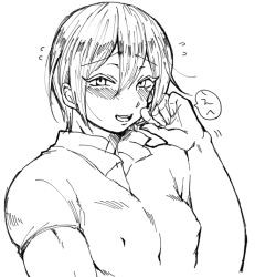 Rule 34 | 10s, 1boy, all out!!, blush, covered erect nipples, iwashimizu sumiaki, male focus, monochrome, playing with hair, short hair, solo, sweat, upper body, white background