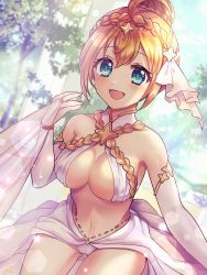Rule 34 | 1girl, absurdres, ahoge, bare shoulders, blue eyes, blush, braid, breasts, cleavage, dancer, highres, large breasts, long hair, looking at viewer, midriff, navel, open mouth, orange hair, pecorine (princess connect!), princess connect!, rokico, smile, solo, yui (ceremonial) (princess connect!), yui (princess connect!)