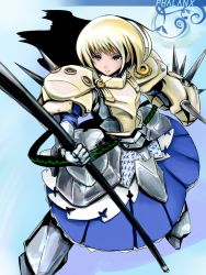 Rule 34 | 1girl, armor, armored dress, atlus, blonde hair, blue eyes, phalanx (sekaiju), polearm, etrian odyssey, sekaiju no meikyuu 3, solo, spear, spikes, weapon, yasitaorag