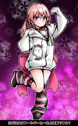 Rule 34 | .live, absurdres, blush, collar, collarbone, commentary request, hair between eyes, hair ornament, highres, jacket, kitakami futaba, leg up, long hair, looking at viewer, low twintails, paw pose, pink background, pink hair, shoes, simple background, smile, socks, standing, standing on one leg, translation request, twintails, virtual youtuber, zebrablack