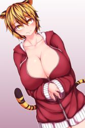 Rule 34 | 1girl, alternate costume, animal ears, blonde hair, breasts, brown hair, cleavage, collarbone, dutch angle, embarrassed, hair between eyes, hood, hood down, hoodie, huge breasts, kuroba rapid, long sleeves, looking at viewer, multicolored hair, own hands together, partially unzipped, sleeves past wrists, solo, standing, striped tail, tail, tiger ears, tiger tail, toramaru shou, touhou, two-tone hair, upper body, yellow eyes, zipper