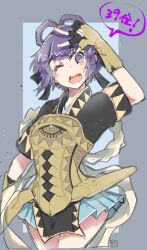 Rule 34 | 1girl, armor, fingerless gloves, gensou suikoden, gensou suikoden v, gloves, hair rings, headband, looking at viewer, marie natsume, miakis (suikoden), one eye closed, open mouth, purple eyes, purple hair, short hair, skirt, smile, solo, standing, v