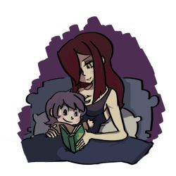 Rule 34 | 2girls, bed, blush stickers, book, breasts, cleavage, gats (nougats), hair over one eye, hug, large breasts, long hair, multiple girls, nightgown, open book, parasoul (skullgirls), pillow, pink hair, reading, red eyes, red hair, short hair, siblings, sidelocks, sisters, skullgirls, smile, umbrella (skullgirls), yellow eyes