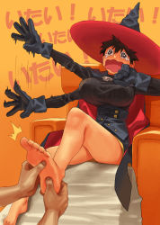 Rule 34 | 1girl, 1other, afterimage, barefoot, black eyes, black gloves, black hair, breasts, cape, chair, feet, foot massage, gloves, hat, highres, impossible clothes, impossible shirt, large breasts, legs, miniskirt, narisokonai, open mouth, original, shirt, short hair, sitting, skirt, soles, solo focus, tears, toes, translation request, two-sided cape, two-sided fabric, wavy eyes, wavy mouth, witch hat
