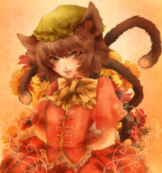 Rule 34 | 1girl, bad id, bad pixiv id, chen, female focus, flower, hinagawa-mei, multiple tails, red theme, solo, tail, touhou