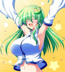 Rule 34 | 1girl, ^ ^, announcement celebration, armpits, arms up, breasts, closed eyes, detached sleeves, expressive clothes, closed eyes, female focus, frog hair ornament, green hair, hair ornament, hair tubes, huge breasts, kochiya sanae, navel, open mouth, osashin (osada), smile, snake hair ornament, solo, star (symbol), tears, touhou, upper body