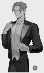 Rule 34 | 1boy, ace attorney, alternate costume, ato (ml cc g), barok van zieks, bow, bowtie, closed mouth, formal, gloves, greyscale, highres, holding, holding clothes, holding gloves, jacket, long sleeves, male focus, monochrome, pants, scar, scar on face, shirt, simple background, solo, the great ace attorney, traditional bowtie