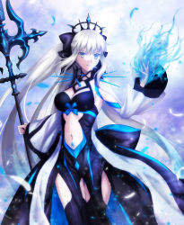 Rule 34 | 1girl, absurdres, black bow, black dress, blonde hair, blue eyes, blue fire, blue hair, blue ribbon, bow, breasts, choker, closed mouth, collarbone, dress, fate/grand order, fate (series), fire, grey hair, hair between eyes, hair bow, hair ornament, hand in own hair, hand up, highres, large breasts, long hair, long sleeves, looking at viewer, morgan le fay (fate), navel, open clothes, open dress, prime (cameron), ribbon, simple background, smile, solo, thighhighs, very long hair, weapon