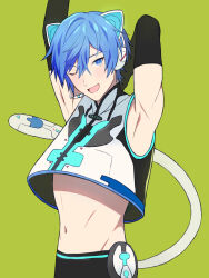Rule 34 | 1boy, animal ears, armpits, arms up, blue eyes, blue hair, blush, cat boy, cat ears, cat tail, elbow gloves, fang, gloves, green background, hair between eyes, happy, highres, kaito (vocaloid), looking at viewer, male focus, midriff, navel, neko cyber (module), one eye closed, open mouth, project diva (series), samecan, short hair, solo, tail, upper body, vocaloid