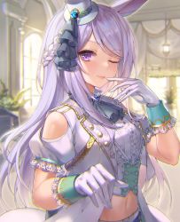 Rule 34 | 1girl, absurdres, animal ears, blush, closed mouth, gloves, highres, horse ears, horse girl, lips, long hair, looking at viewer, mejiro mcqueen (end of sky) (umamusume), mejiro mcqueen (umamusume), navel, one eye closed, purple eyes, purple hair, smile, solo, togami (tobysou526), umamusume, white gloves