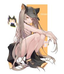 Rule 34 | 1girl, absurdres, animal ears, artist name, bare legs, baseball cap, black coat, black footwear, black hat, blush, breasts, brown hair, cat ears, choker, choyeon, clothes around waist, coat, collar, eyes visible through hair, fake animal ears, fishnets, full body, hair between eyes, hat, highres, jacket, jacket around waist, knees up, long hair, looking at viewer, open mouth, original, pixel art, shirt, shoes, simple background, sleeveless, smile, sneakers, solo, star (symbol), star tattoo, tank top, tattoo, thighs, twintails, very long hair, white shirt, yellow eyes