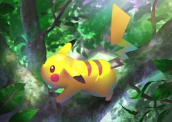 Rule 34 | animal focus, branch, brown eyes, closed mouth, commentary request, creatures (company), day, full body, game freak, gen 1 pokemon, illustration room nagi, in tree, leaf, looking up, nintendo, no humans, outdoors, pikachu, pokemon, pokemon (creature), smile, solo, tree