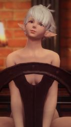 Rule 34 | 1girl, 3d, alisaie leveilleur, blue eyes, chair, chair censor, convenient censoring, final fantasy, final fantasy xiv, highres, looking at viewer, nude, parted lips, pointy ears, smile, solo, white hair