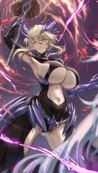 Rule 34 | 1girl, absurdres, artoria pendragon (fate), artoria pendragon (lancer alter) (fate), blonde hair, braid, breasts, cleavage, closed mouth, clothing cutout, commission, dark rhongomyniad, fate/grand order, fate (series), french braid, gauntlets, highres, horns, horse, lance, large breasts, llamrei (fate), looking at viewer, polearm, sakazuki sudama, skeb commission, underboob, weapon, yellow eyes