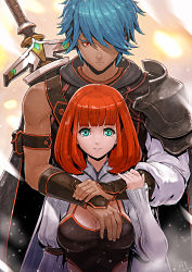 Rule 34 | 1boy, 1girl, armor, bare shoulders, black capelet, blue hair, blunt bangs, breasts, capelet, cleavage, closed mouth, dark-skinned male, dark skin, dated, fingernails, green eyes, hair over one eye, highres, hood, hood down, hug, hug from behind, light particles, light rays, looking at viewer, okuto, orange hair, original, pauldrons, puffy sleeves, red eyes, scabbard, sheath, sheathed, short hair, shoulder armor, signature, single pauldron, smile, sword, upper body, vambraces, weapon, weapon on back
