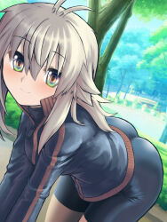 Rule 34 | 1girl, antenna hair, ass, bent over, bike shorts, black jacket, black shorts, brown hair, closed mouth, commentary request, day, green eyes, hair between eyes, highres, jacket, koshirae tsurugi (m.m), looking at viewer, low ponytail, m.m, original, outdoors, ponytail, shorts, smile, solo, track jacket, tree