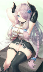 Rule 34 | 1girl, absurdres, armpits, asymmetrical gloves, bare shoulders, black dress, black footwear, black gloves, black panties, black thighhighs, blue eyes, blush, boots, braid, breasts, center opening, cleavage, crown braid, draph, dress, elbow gloves, gloves, granblue fantasy, hair ornament, hair over one eye, highres, horns, large breasts, light purple hair, long hair, looking at viewer, mochirong, mouth hold, narmaya (granblue fantasy), panties, pencil dress, pointy ears, sheath, shirt, short dress, sidelocks, single braid, single elbow glove, single thighhigh, sitting, sleeveless, sleeveless shirt, solo, thigh strap, thighhighs, tying hair, underwear, uneven gloves, very long hair, white shirt