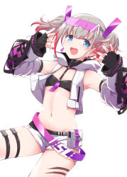 Rule 34 | 1girl, bandeau, belt, black gloves, blue eyes, blush, breasts, cropped vest, detached sleeves, fingerless gloves, gloves, goggles, grey hair, highres, idolmaster, idolmaster shiny colors, long sleeves, looking at viewer, marugoshi (54burger), multicolored hair, navel, open clothes, open mouth, open vest, pouch, red hair, serizawa asahi, short hair, short shorts, shorts, simple background, small breasts, smile, streaked hair, thighs, twintails, vest, white background, white shorts, white vest