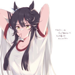 Rule 34 | 1girl, absurdres, animal ears, arm up, arms behind head, arms up, bandaid, bandaid on face, bandaid on nose, black hair, breasts, closed mouth, collarbone, commentary request, hair between eyes, highres, horse ears, horse girl, large breasts, long hair, mouth hold, narita brian (umamusume), ponytail, shirt, simple background, solo, tetora (oudonoishiize), tracen training uniform, translation request, umamusume, upper body, very long hair, white background, white shirt, yellow eyes