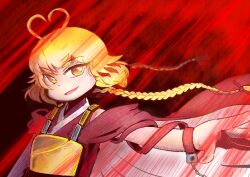 Rule 34 | 1other, androgynous, antenna hair, armor, blonde hair, bow, braid, breastplate, cape, chikafumikou, commentary, hair bow, heart antenna hair, japanese clothes, kimono, len&#039;en, long hair, looking at viewer, ooama no ake no mitori, open mouth, other focus, red bow, red kimono, sleeveless, sleeveless kimono, smile, solo, twin braids, two-sided cape, two-sided fabric, upper body, yellow eyes