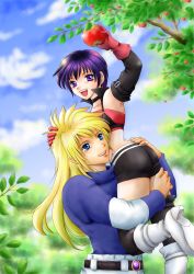 Rule 34 | 1boy, 1girl, apple, artist request, ass, bare shoulders, belt, black thighhighs, blonde hair, blue eyes, boots, carrying, couple, detached sleeves, food, fruit, gloves, highres, long hair, open mouth, purple eyes, purple hair, rutee katrea, short hair, short shorts, shorts, smile, stahn aileron, strapless, tales of (series), tales of destiny, thighhighs, tube top