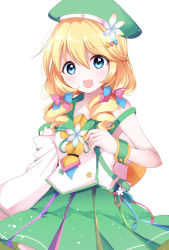 Rule 34 | 1girl, blonde hair, blue eyes, character request, commentary request, copyright request, cowboy shot, detached sleeves, green hat, green sailor collar, green skirt, hair between eyes, hair ribbon, hand up, hat, highres, long hair, open mouth, ougi hina, pleated skirt, ribbon, sailor collar, sailor shirt, shirt, simple background, single detached sleeve, skirt, smile, solo, white background, white shirt, white sleeves
