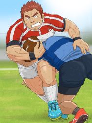 Rule 34 | 2boys, ass, ball, bara, black shorts, bulge, clenched teeth, commentary request, facial hair, field, goatee, tamamura gunzo, hand on another&#039;s back, highres, hima hawa, holding, holding ball, long sideburns, male focus, multiple boys, muscular, muscular male, pectorals, rugby, rugby ball, rugby uniform, running, scar, scar on arm, short hair, shorts, sideburns, socks, spiked hair, sportswear, stubble, sunlight, sweat, tackle, teeth, thighs, tokyo houkago summoners, white shorts