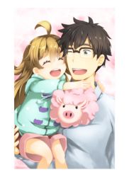 Rule 34 | 10s, 1boy, 1girl, :d, ;d, ^ ^, ahoge, amaama to inazuma, black hair, blonde hair, carrying, child, child carry, closed eyes, coat, father and daughter, hair between eyes, hellnyaa, hug, huge ahoge, inuzuka kouhei, inuzuka tsumugi, long hair, one eye closed, open mouth, shirt, short hair, shorts, simple background, sitting, sitting on person, sketch, smile, stuffed animal, stuffed toy, toy, upper body
