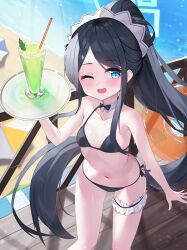 Rule 34 | 1girl, 2drr, aqua halo, aris (blue archive), aris (maid) (blue archive), beach, bikini, black bikini, black bow, black bowtie, black hair, blue archive, blue eyes, blush, bow, bowtie, breasts, bridal garter, commentary, cup, detached collar, drink, drinking straw, feet out of frame, green halo, halo, highres, holding, holding tray, innertube, long hair, looking at viewer, maid headdress, navel, ocean, one eye closed, open mouth, outdoors, paid reward available, ponytail, rectangular halo, side-tie bikini bottom, sidelocks, small breasts, solo, standing, swim ring, swimsuit, teeth, thigh strap, tray, upper teeth only, very long hair