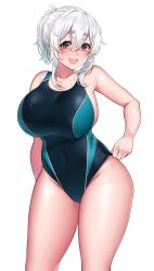 Rule 34 | 1girl, absurdres, bare arms, bare shoulders, black eyes, black one-piece swimsuit, blue one-piece swimsuit, blush, breasts, commentary request, competition swimsuit, covered navel, cowboy shot, fang, groin, highleg, highleg swimsuit, highres, huge breasts, looking at viewer, medium hair, mole, mole on breast, one-piece swimsuit, open mouth, original, ponytail, simple background, smile, solo, standing, suruga (xsurugax), swimsuit, thick eyebrows, white background, white hair