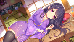 Rule 34 | 1girl, black hair, blurry, blush, breasts, collarbone, dutch angle, floral print, highres, japanese clothes, kimono, large breasts, long hair, long sleeves, looking at viewer, lying, on side, pretty angel, purple eyes, sliding doors, solo, tatami, thighhighs, thighs, wide sleeves