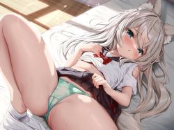 Rule 34 | 1girl, animal ear fluff, animal ears, black skirt, blue eyes, blush, bow, bow panties, bowtie, cleft of venus, clothes lift, collarbone, green panties, grey hair, hair between eyes, hand on own chest, highres, knee up, kokuto (kurousagi1210), lifting own clothes, long hair, looking at viewer, lying, navel, on back, on bed, open mouth, original, panties, red bow, red bowtie, sailor collar, school uniform, serafuku, shirt, short sleeves, skirt, skirt lift, solo, sweat, thighs, underwear, white shirt