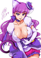 Rule 34 | 10s, 1girl, : p, animal ears, breasts, cat ears, cat girl, cat tail, cleavage, collarbone, cure macaron, dress, earrings, elbow gloves, covered erect nipples, female focus, gloves, hat, highres, jewelry, kirakira precure a la mode, kotozume yukari, large breasts, long hair, looking at viewer, precure, purple eyes, purple hair, ribbon, simple background, skirt, solo, standing, tail, tamo (nama-yatsuhashi), tongue, tongue out, wavy hair, white background, white gloves