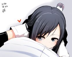 Rule 34 | 10s, 1girl, :t, admiral (kancolle), asashio (kancolle), black hair, blue eyes, blush, cheek press, dated, detached sleeves, from above, hug, kantai collection, long hair, looking at viewer, looking up, momo (higanbana and girl), pov, pov hug, school uniform, skirt, suspenders