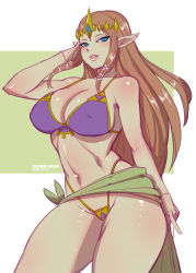 Rule 34 | 1girl, blue eyes, bokuman, breasts, brown hair, cleavage, covered erect nipples, eyebrows, large breasts, long hair, looking at viewer, navel, nintendo, panties, parted lips, pointy ears, princess zelda, shiny skin, simple background, smile, solo, standing, stomach, the legend of zelda, the legend of zelda: twilight princess, thighs, thong, triforce, underwear