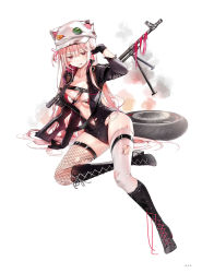 Rule 34 | 1girl, animal hat, arm support, black gloves, black leotard, blush, boots, breasts, buttons, cat hat, cleavage, collarbone, cross-laced footwear, dsmile, fishnet thighhighs, fishnets, full body, girls&#039; frontline, gloves, hat, highres, knee boots, lace-up boots, leotard, lips, long hair, long sleeves, medium breasts, page number, shiny clothes, shiny skin, simple background, sitting, solo, thighhighs, tongue, tongue out, torn clothes, torn thighhighs, ukm-2000 (breakneck whirlwind) (girls&#039; frontline), ukm-2000 (girls&#039; frontline), weapon, wheel, white background, white thighhighs, zipper, zipper pull tab