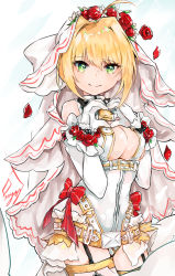 Rule 34 | 10s, 1girl, ahoge, bad id, bad pixiv id, bare shoulders, belt, belt buckle, belt skirt, blonde hair, blue background, bodysuit, bow, breasts, bridal veil, buckle, chain, chain necklace, cleavage, closed mouth, cowboy shot, fate/extra, fate/extra ccc, fate/grand order, fate (series), flower, flower wreath, foyoy p, from side, garter straps, gloves, gradient background, green eyes, hair between eyes, hair flower, hair intakes, hair ornament, hands up, head wreath, heart, heart hands, highres, jewelry, leotard, light smile, lock, looking at viewer, medium breasts, necklace, nero claudius (bride) (fate), nero claudius (fate), nero claudius (fate) (all), official alternate costume, padlock, petals, red bow, red flower, red rose, rose, short hair with long locks, showgirl skirt, sidelocks, signature, skirt, smile, solo, standing, thighhighs, turtleneck, underbust, veil, white background, white gloves, white leotard, white skirt, wrist cuffs, zipper