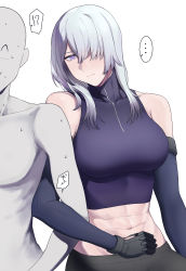 Rule 34 | ..., 1boy, 1girl, ^ ^, abs, absurdres, ak-15 (girls&#039; frontline), bare shoulders, breasts, closed eyes, closed mouth, girls&#039; frontline, gloves, grey hair, hair over one eye, head tilt, hetero, highres, large breasts, locked arms, long hair, midriff, muscular, muscular female, navel, one eye covered, purple eyes, saiun sigma, simple background, spoken ellipsis, sweat, nervous sweating, white background