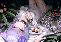 Rule 34 | 1girl, absurdres, animal ear fluff, animal ears, bare legs, black collar, blush, breasts, cat ears, cleavage, collar, flower, food, fruit, highres, holding, holding flower, hololive, knees up, long sleeves, looking at viewer, lying, medium breasts, nekomata okayu, nekomata okayu (oversized shirt), on back, parted lips, plant, potted plant, purple eyes, purple flower, purple hair, red flower, shirt, solo, susukawa (susucawa), virtual youtuber, white flower, white shirt