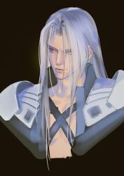 Rule 34 | 1boy, armor, black background, black coat, chest strap, coat, cropped torso, final fantasy, final fantasy vii, green eyes, grey hair, high collar, highres, light smile, long bangs, long hair, looking to the side, male focus, open clothes, open coat, parted bangs, pauldrons, sephiroth, shoulder armor, simple background, slit pupils, solo, tiantina1112, upper body
