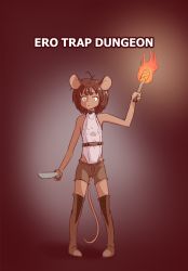 Rule 34 | 1girl, animal ears, antenna hair, arm at side, bare shoulders, belt, bob cut, boots, brown background, brown belt, brown hair, brown shorts, carame latte, commentary, dark-skinned female, dark skin, english commentary, english text, fire, full body, furry, furry female, gradient background, hand up, highleg, highleg leotard, highres, holding, holding knife, holding torch, holding weapon, knife, leotard, looking afar, ming (caramalatte), mouse ears, mouse girl, mouse tail, pigeon-toed, short hair, shorts, sleeveless, solo, standing, tail, thigh boots, thighhighs, torch, weapon, white leotard, yellow eyes, zettai ryouiki