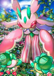 Rule 34 | artist name, blurry, blurry background, closed eyes, cloud, commentary request, creatures (company), day, ekm, flower, fomantis, game freak, gen 7 pokemon, lens flare, lurantis, nintendo, outdoors, pokemon, pokemon (creature), sky, standing, watermark