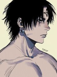 Rule 34 | 1boy, 535zip, black hair, chrollo lucilfer, closed mouth, earrings, facial mark, facial tattoo, hunter x hunter, jewelry, looking away, male focus, muscular, muscular male, simple background, solo, tattoo, topless male, twitter username