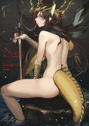 Rule 34 | 1girl, back, breasts, brown hair, commission, completely nude, fadingz, from behind, headgear, highres, holding, holding sword, holding weapon, idol corp, juna unagi, long hair, looking at viewer, medium breasts, nude, planted, planted sword, planted weapon, scales, sideways glance, skeb commission, solo, sword, tail, virtual youtuber, weapon, yellow eyes