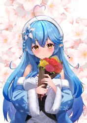 Rule 34 | 1girl, absurdres, ahoge, blue coat, blue hair, blue nails, blush, bouquet, braid, breasts, brown eyes, closed mouth, coat, commentary, corset, dress, elf, floral background, flower, fur trim, hair between eyes, hair flower, hair ornament, half updo, hat, heart, heart ahoge, highres, holding, holding bouquet, hololive, large breasts, looking at viewer, multicolored hair, nail polish, off shoulder, pointy ears, print coat, red flower, smile, snowflake print, solo, streaked hair, suiran (liquiddoes), virtual youtuber, white dress, white flower, white hat, yellow flower, yukihana lamy