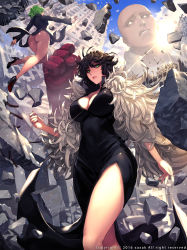Rule 34 | 10s, 1boy, 2016, 2girls, absurdres, artist name, ass, bald, black dress, black footwear, black hair, blue sky, bottomless, breasts, building, cannon, cape, cleavage, clenched teeth, collarbone, covered navel, curly hair, dated, day, destruction, dress, expressionless, feather trim, fingering, floating rock, flying, from below, fubuki (one-punch man), gloves, glowing, glowing eyes, green eyes, green hair, high heels, highres, large breasts, light rays, lips, long sleeves, multiple girls, no panties, one-punch man, outdoors, outstretched arm, parted lips, profile, red gloves, revision, saitama (one-punch man), shoes, siblings, side slit, sisters, sky, standing, sun, sunlight, tatsumaki, teeth, telekinesis, thighs, tsurime, turret, walking, white cape, xaxak, yellow eyes