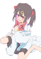 Rule 34 | 1girl, absurdres, bare legs, bare shoulders, barefoot, black hair, black skirt, bolo tie, brown eyes, coat, commentary, hair between eyes, hair ornament, hair ribbon, hairclip, highres, kotchamochi, lab coat, long sleeves, looking at viewer, multicolored hair, off shoulder, onii-chan wa oshimai!, open clothes, open coat, open mouth, oyama mihari, pleated skirt, purple hair, red ribbon, red shirt, ribbon, shirt, simple background, sitting, skirt, solo, twintails, two-tone hair, wariza, white background, wing collar